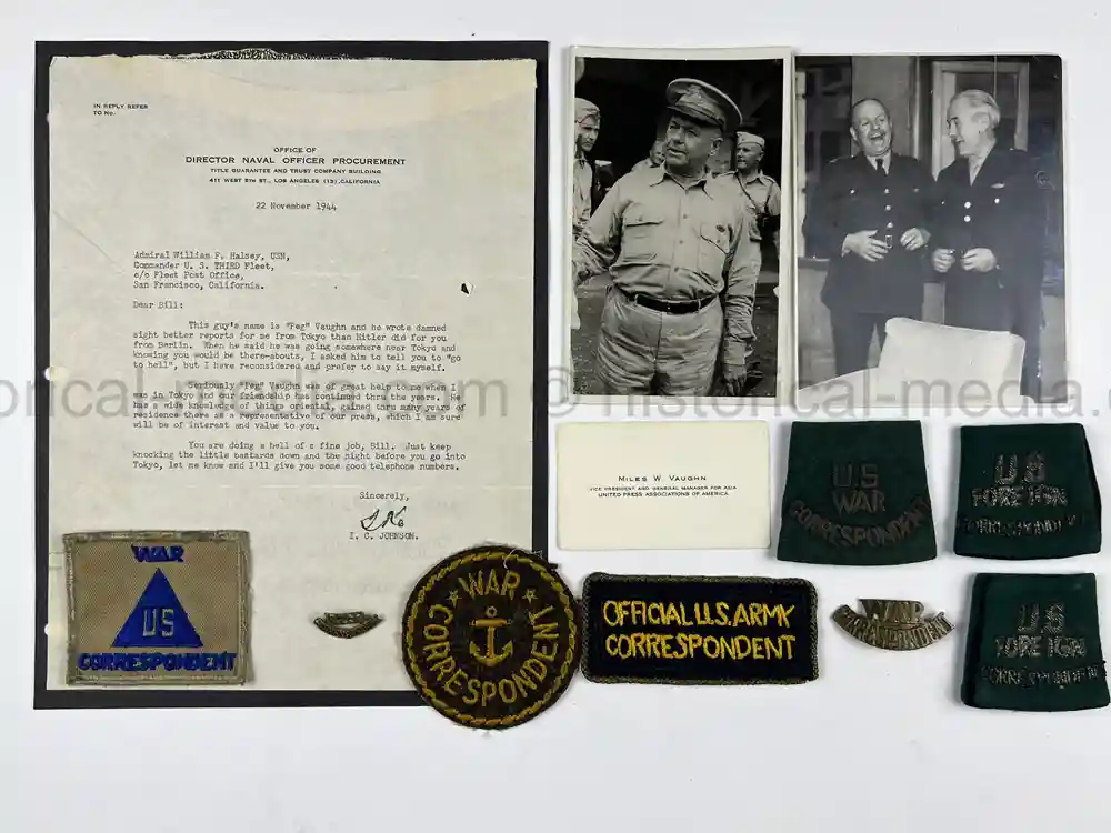 US WWII WAR CORRESPONDENT INSIGNIA GROUPING - MILES W. VAUGHN