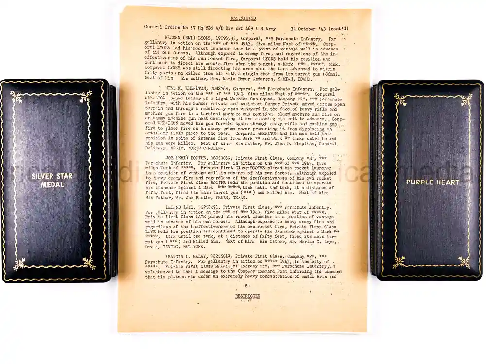 US WWII OFFICIALLY ENGRAVED SILVER STAR & PURPLE HEART - 82ND AIRBORNE - BATTLE OF BIAZZA RIDGE - KIA - TIGER TANK