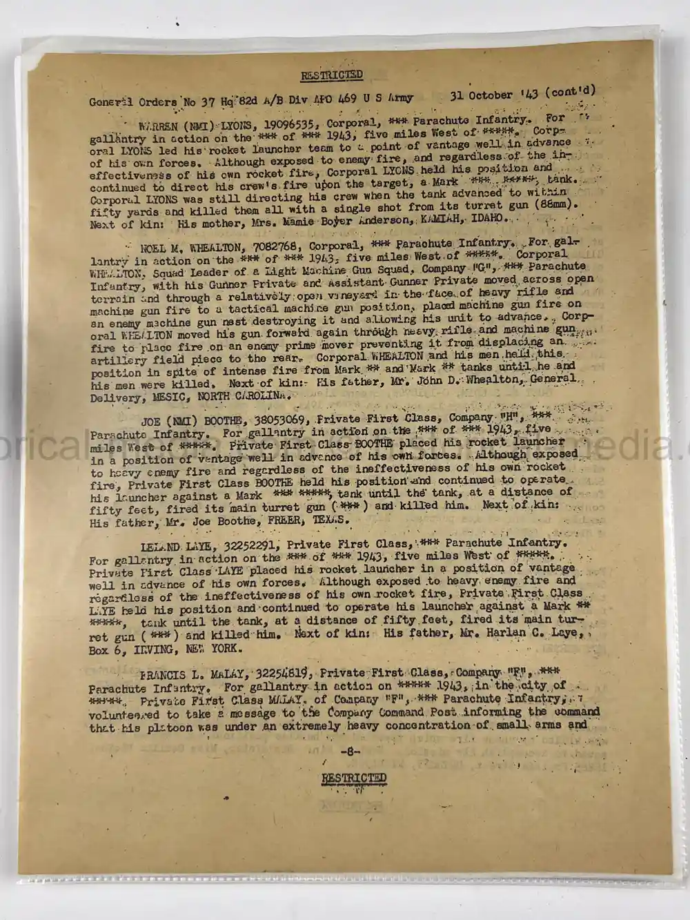 US WWII OFFICIALLY ENGRAVED SILVER STAR & PURPLE HEART - 82ND AIRBORNE - BATTLE OF BIAZZA RIDGE - KIA - TIGER TANK