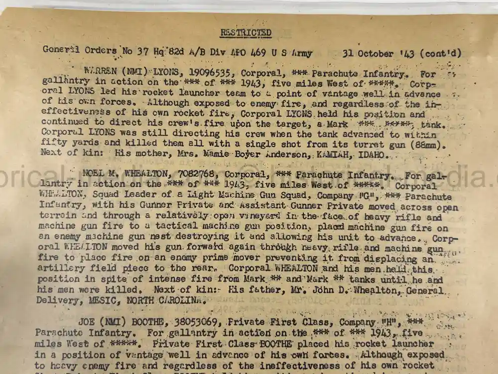 US WWII OFFICIALLY ENGRAVED SILVER STAR & PURPLE HEART - 82ND AIRBORNE - BATTLE OF BIAZZA RIDGE - KIA - TIGER TANK