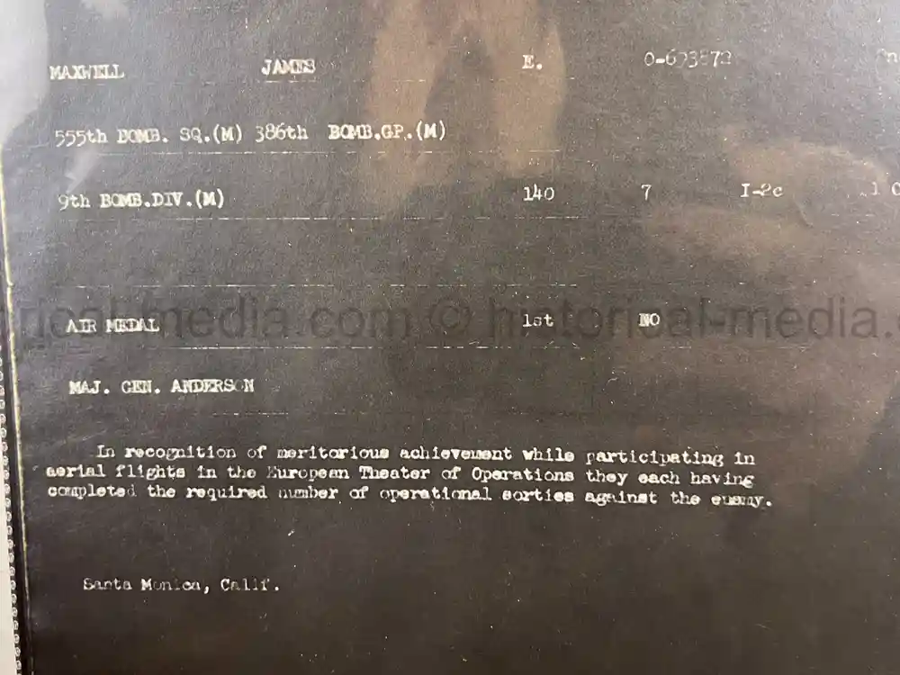 WWII USAAF B-26 PILOT MEDAL, PHOTO & DOCUMENT GROUPING - 386th BOMB GROUP - POW