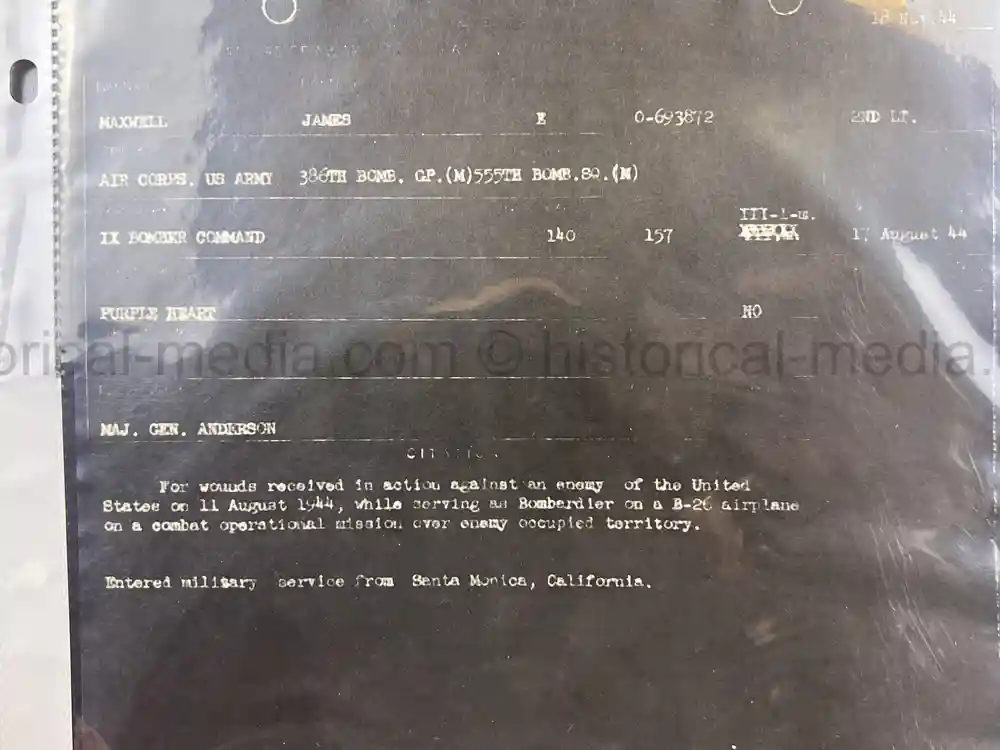 WWII USAAF B-26 PILOT MEDAL, PHOTO & DOCUMENT GROUPING - 386th BOMB GROUP - POW