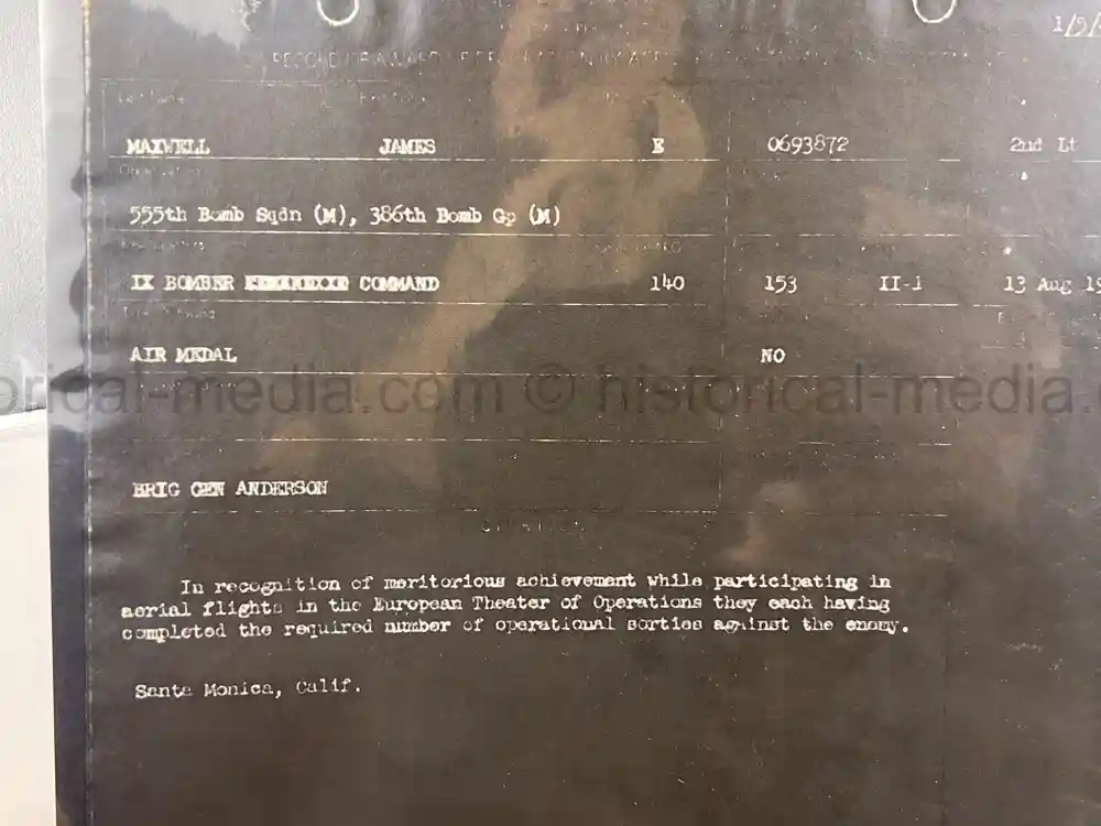 WWII USAAF B-26 PILOT MEDAL, PHOTO & DOCUMENT GROUPING - 386th BOMB GROUP - POW