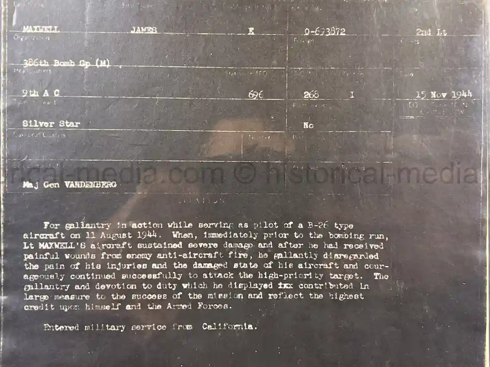 WWII USAAF B-26 PILOT MEDAL, PHOTO & DOCUMENT GROUPING - 386th BOMB GROUP - POW