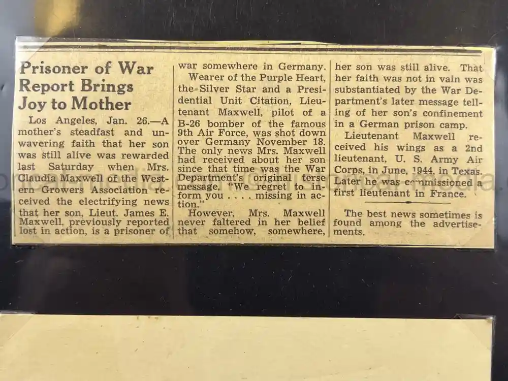 WWII USAAF B-26 PILOT MEDAL, PHOTO & DOCUMENT GROUPING - 386th BOMB GROUP - POW