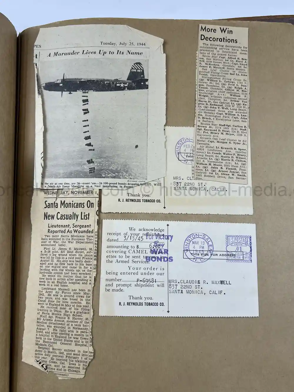 WWII USAAF B-26 PILOT MEDAL, PHOTO & DOCUMENT GROUPING - 386th BOMB GROUP - POW