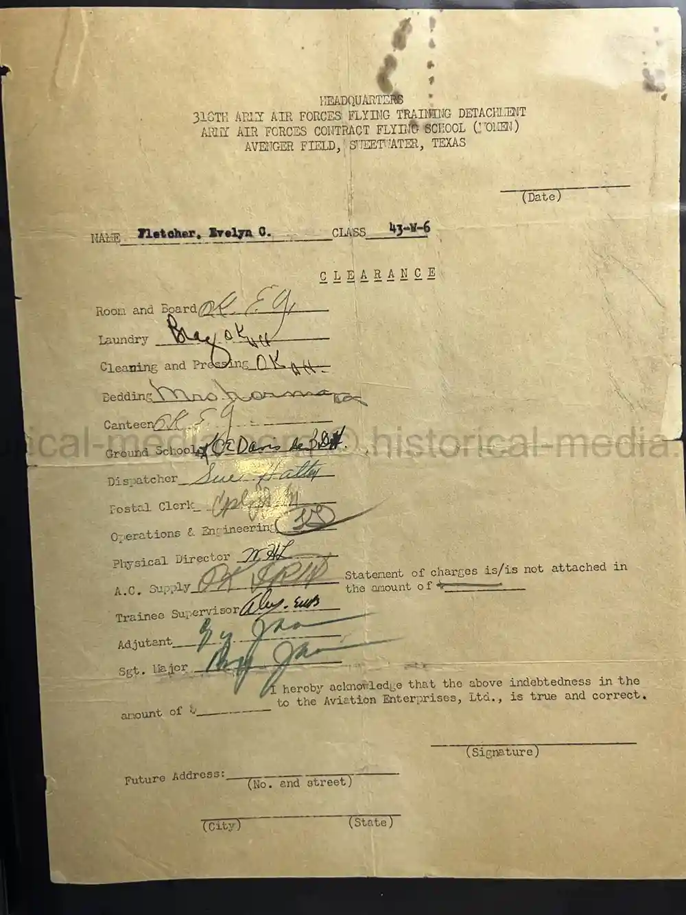 ULTRA RARE WWII WASP FEMALE PILOT DOCUMENT GROUPING - CLASS 43-W-6