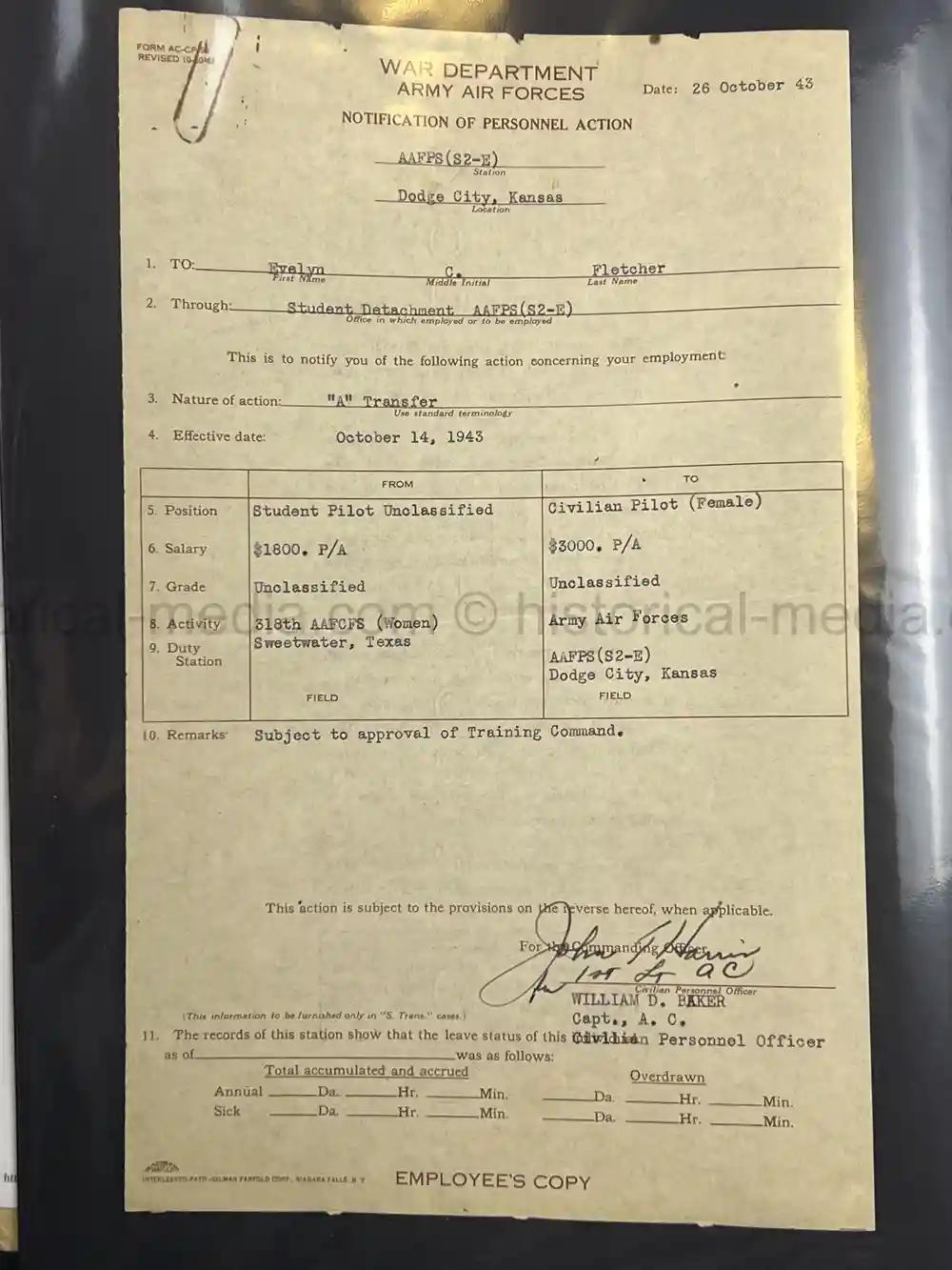 ULTRA RARE WWII WASP FEMALE PILOT DOCUMENT GROUPING - CLASS 43-W-6