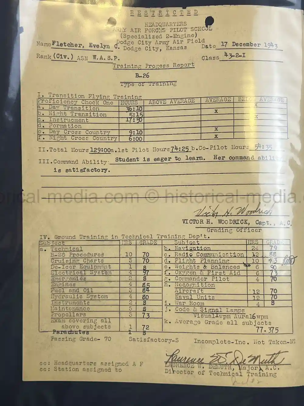 ULTRA RARE WWII WASP FEMALE PILOT DOCUMENT GROUPING - CLASS 43-W-6