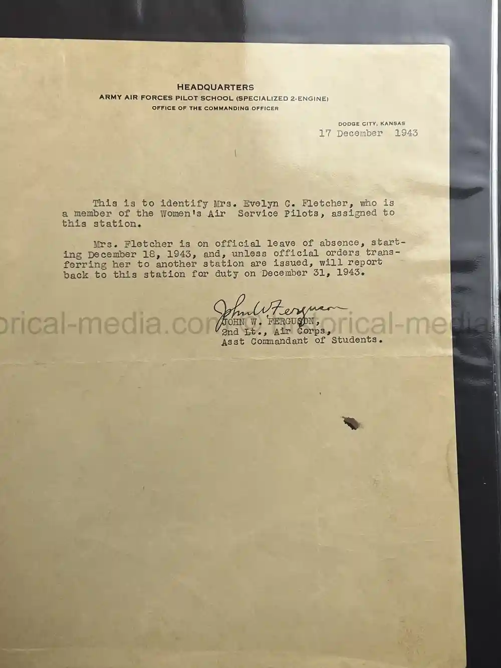 ULTRA RARE WWII WASP FEMALE PILOT DOCUMENT GROUPING - CLASS 43-W-6