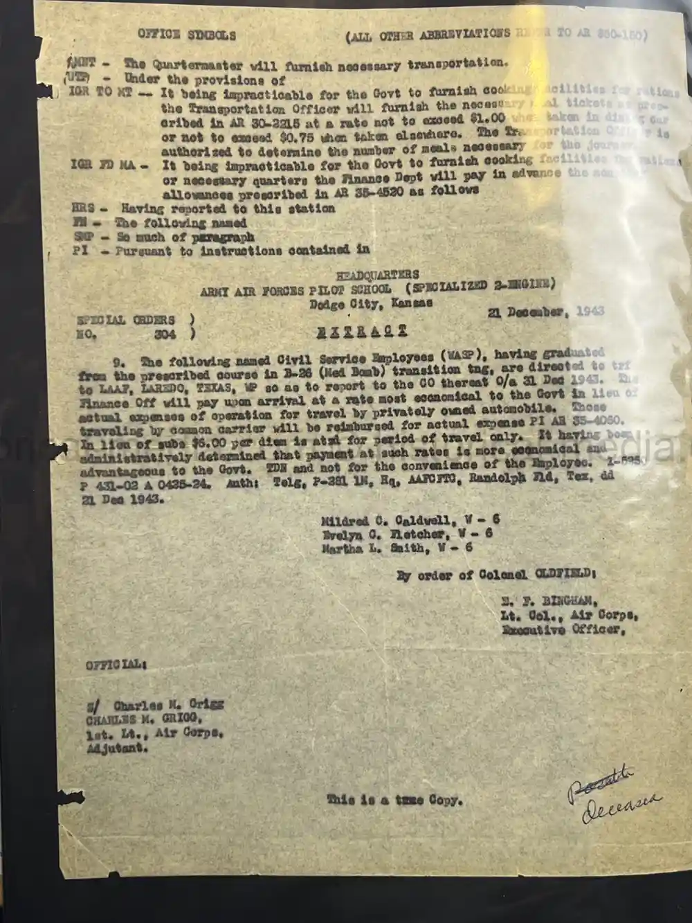 ULTRA RARE WWII WASP FEMALE PILOT DOCUMENT GROUPING - CLASS 43-W-6