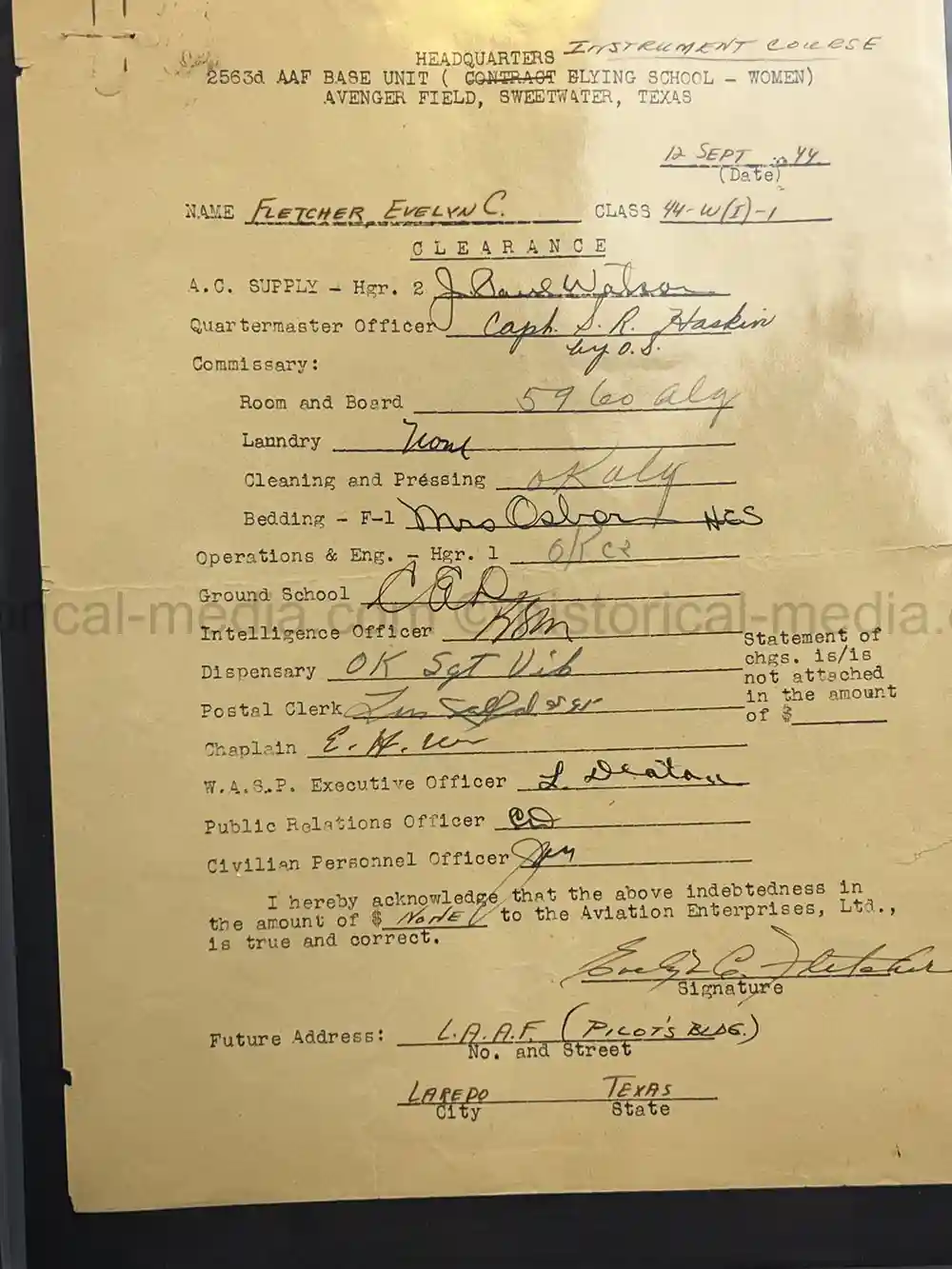 ULTRA RARE WWII WASP FEMALE PILOT DOCUMENT GROUPING - CLASS 43-W-6