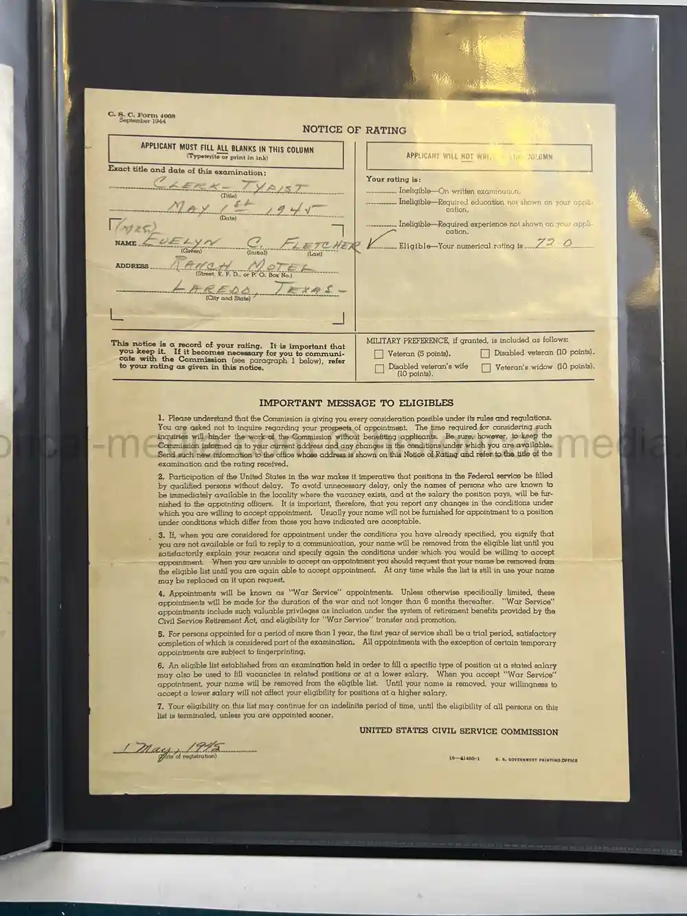 ULTRA RARE WWII WASP FEMALE PILOT DOCUMENT GROUPING - CLASS 43-W-6