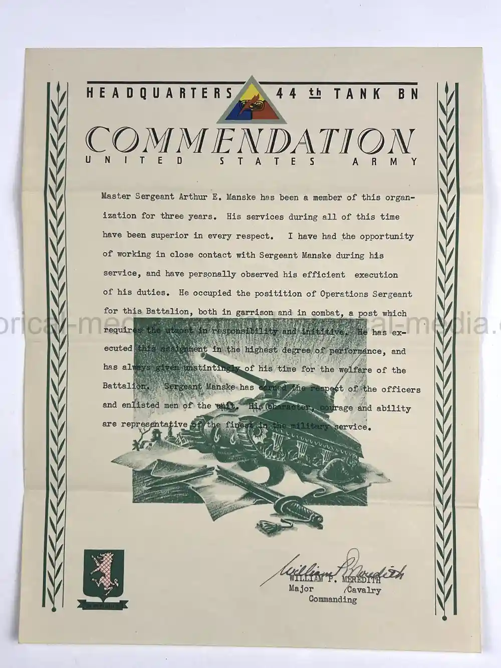 US WWII 44th TANK BATTALION COMMENDATION & UNIT HISTORY US WWII 44th TANK BATTALION COMMENDATION & UNIT HISTORY