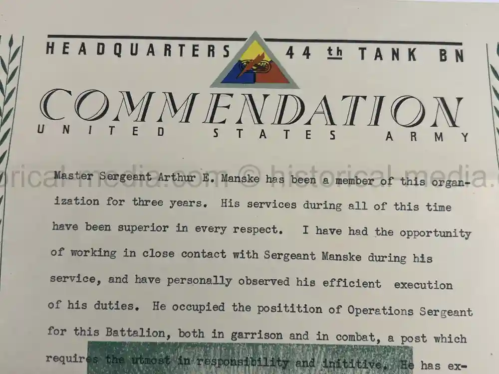 US WWII 44th TANK BATTALION COMMENDATION & UNIT HISTORY US WWII 44th TANK BATTALION COMMENDATION & UNIT HISTORY