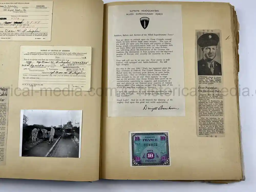 US WWII PHOTO ALBUM & SCRAPBOOK - ORIGINAL EISENHOWER D-DAY LETTER - SNIPER, PANTHER ++