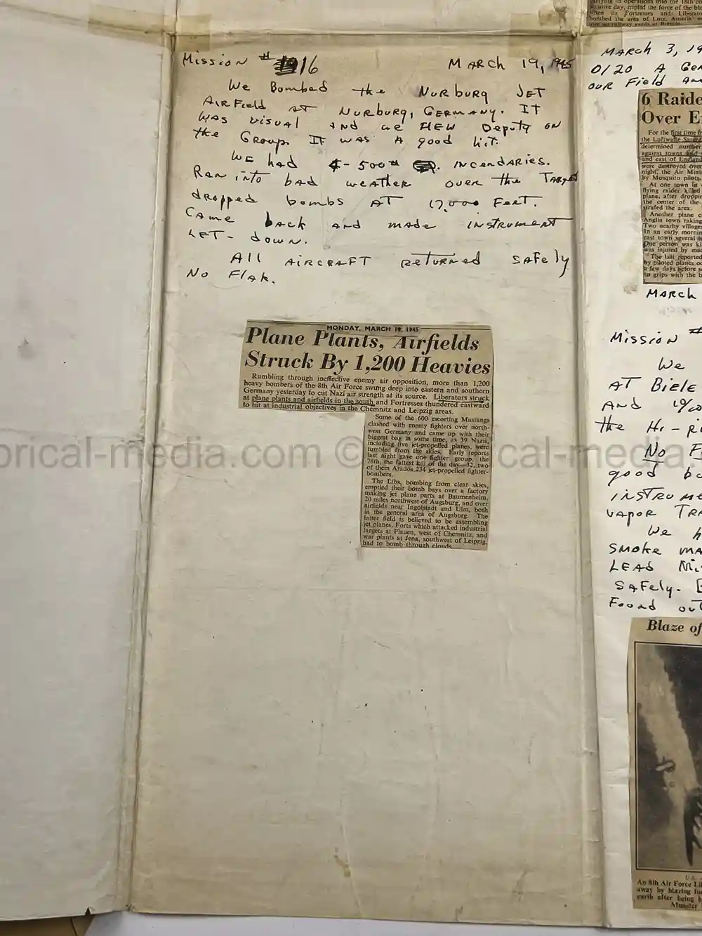 MASSIVE 8th AIR FORCE PILOT DIARY, PHOTO, SCRAPBOOK, DOCUMENT GROUPING - 445th BOMB GROUP