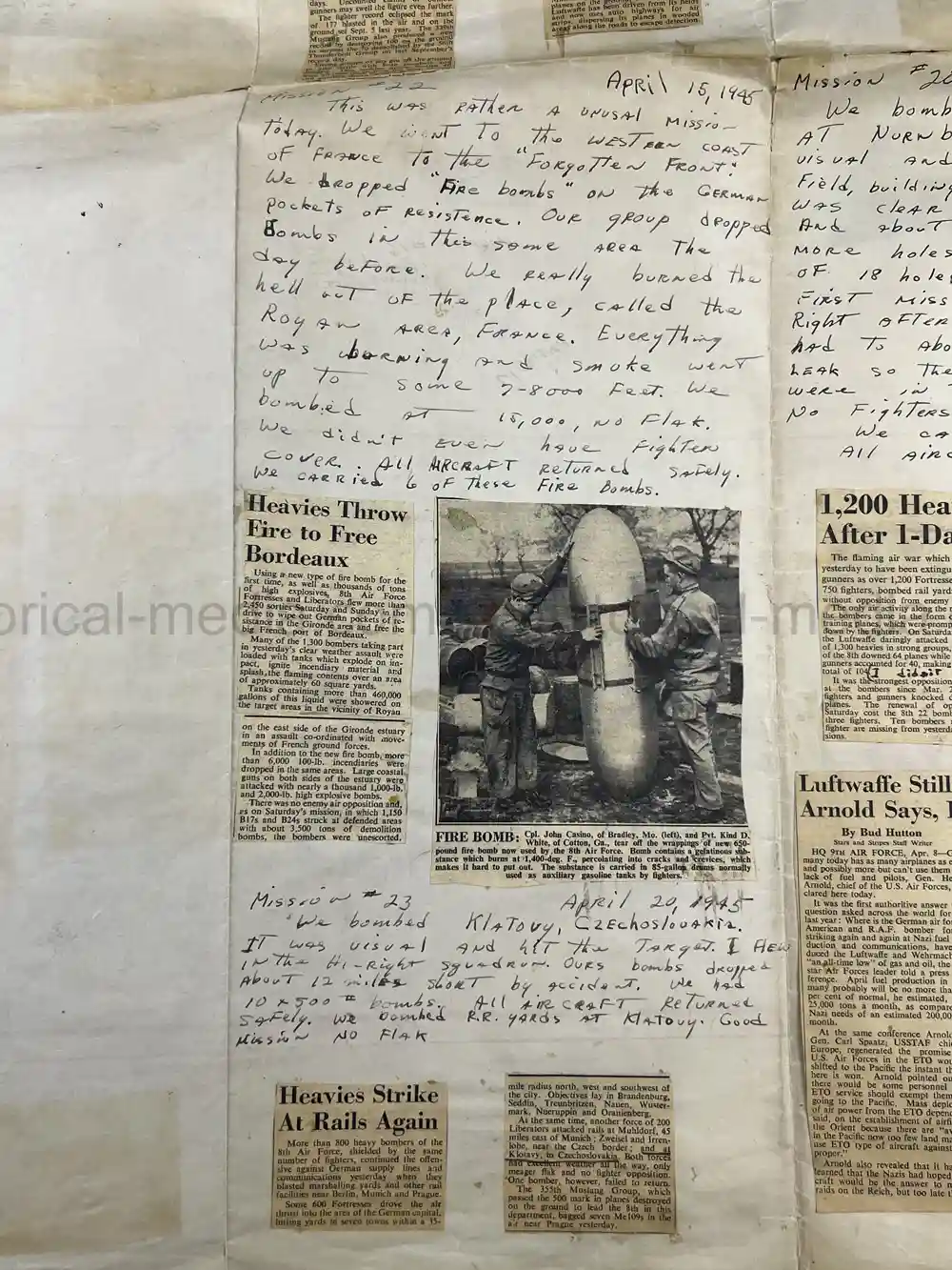 MASSIVE 8th AIR FORCE PILOT DIARY, PHOTO, SCRAPBOOK, DOCUMENT GROUPING - 445th BOMB GROUP