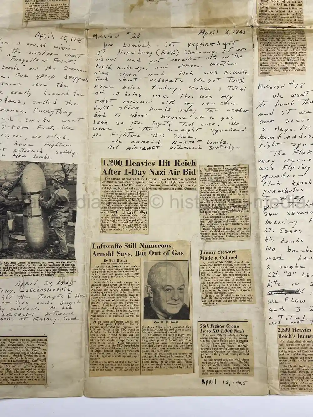 MASSIVE 8th AIR FORCE PILOT DIARY, PHOTO, SCRAPBOOK, DOCUMENT GROUPING - 445th BOMB GROUP