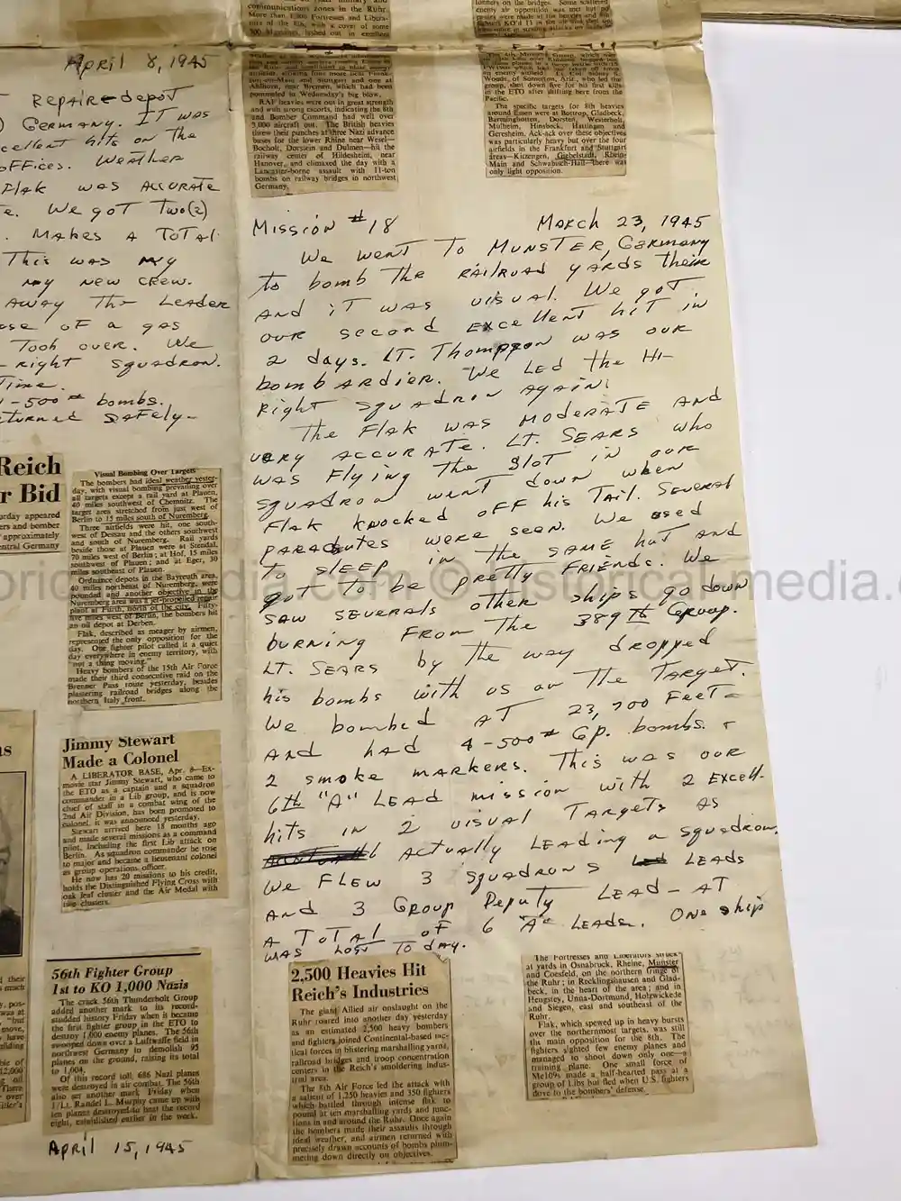 MASSIVE 8th AIR FORCE PILOT DIARY, PHOTO, SCRAPBOOK, DOCUMENT GROUPING - 445th BOMB GROUP