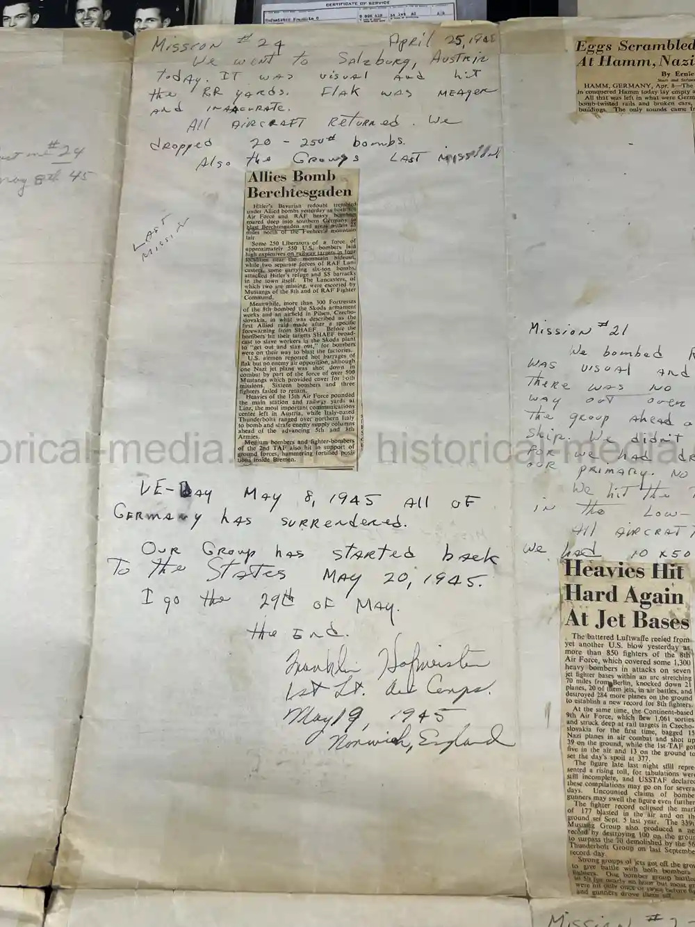 MASSIVE 8th AIR FORCE PILOT DIARY, PHOTO, SCRAPBOOK, DOCUMENT GROUPING - 445th BOMB GROUP