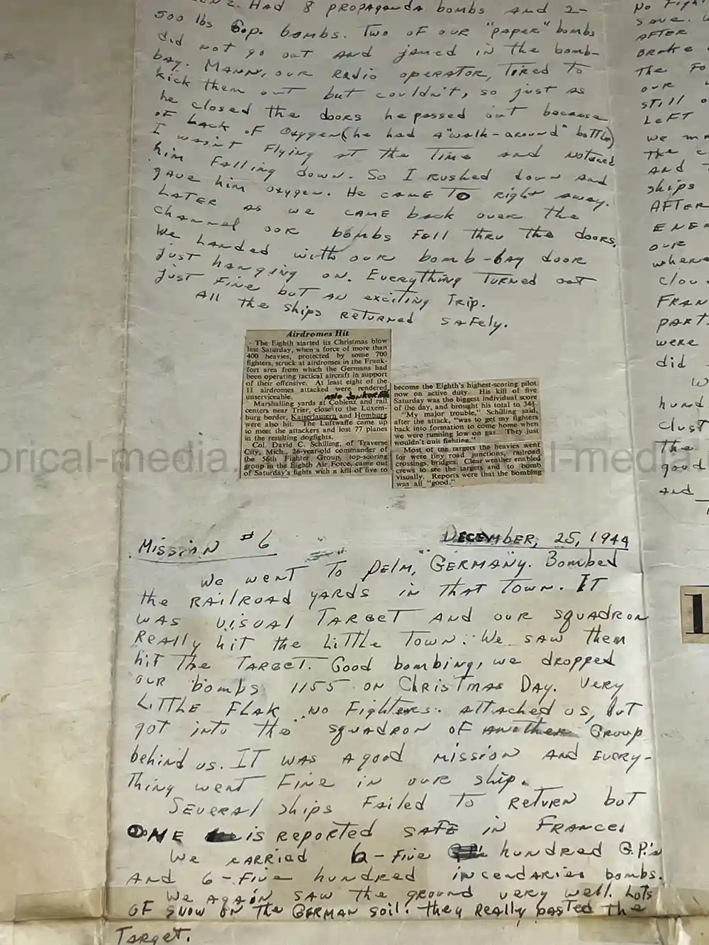 MASSIVE 8th AIR FORCE PILOT DIARY, PHOTO, SCRAPBOOK, DOCUMENT GROUPING - 445th BOMB GROUP