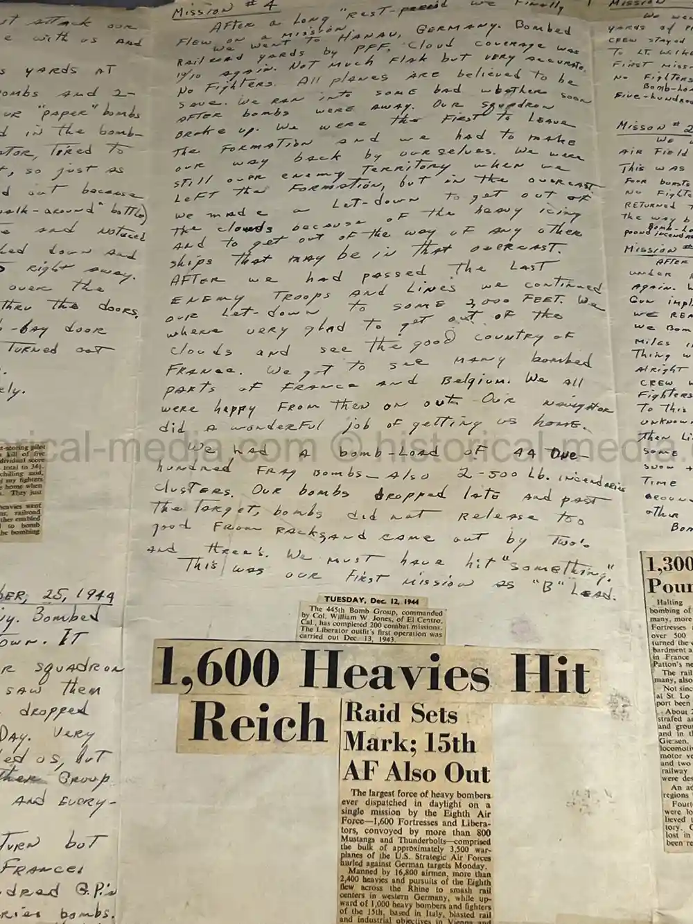 MASSIVE 8th AIR FORCE PILOT DIARY, PHOTO, SCRAPBOOK, DOCUMENT GROUPING - 445th BOMB GROUP