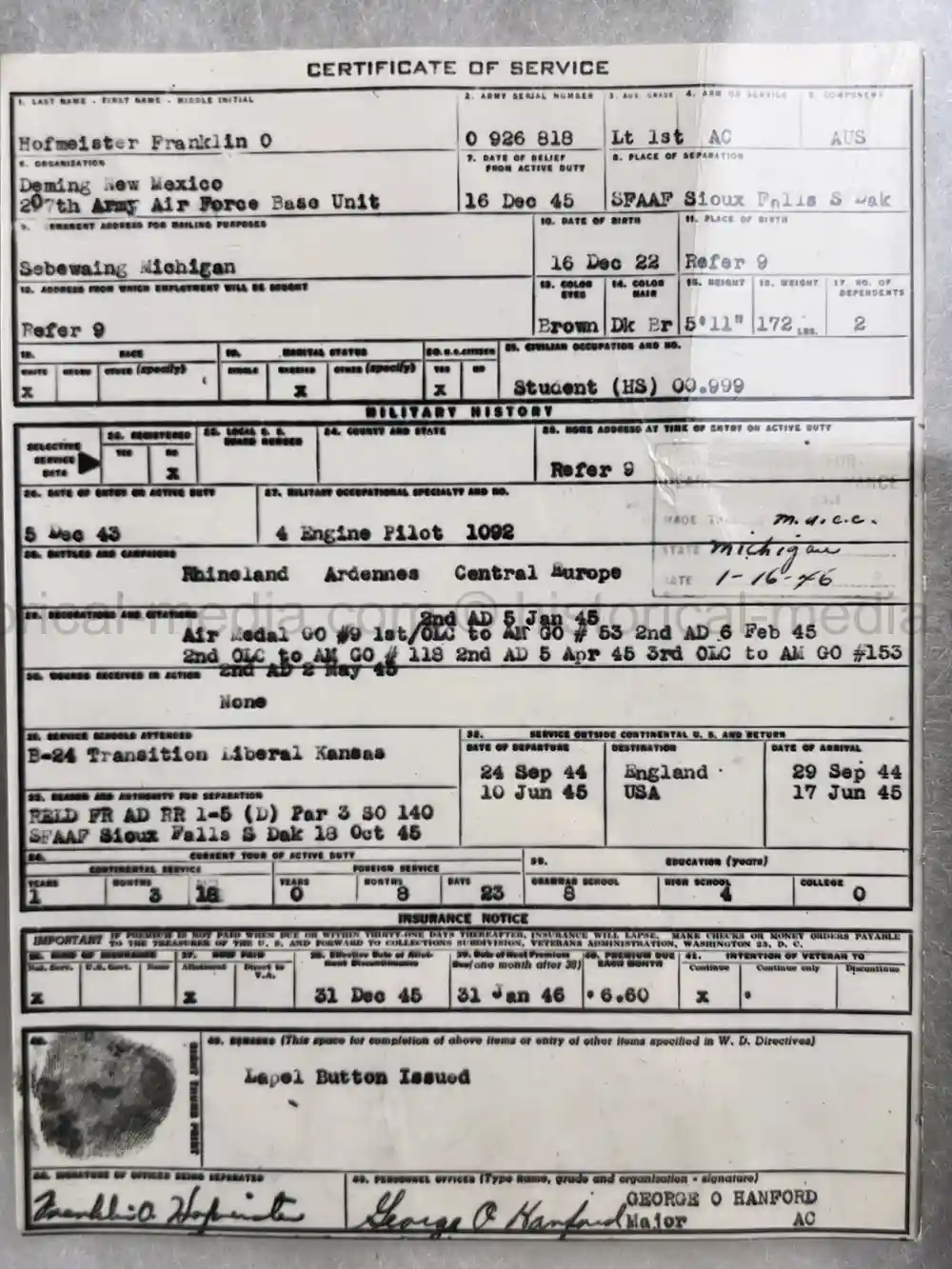 MASSIVE 8th AIR FORCE PILOT DIARY, PHOTO, SCRAPBOOK, DOCUMENT GROUPING - 445th BOMB GROUP