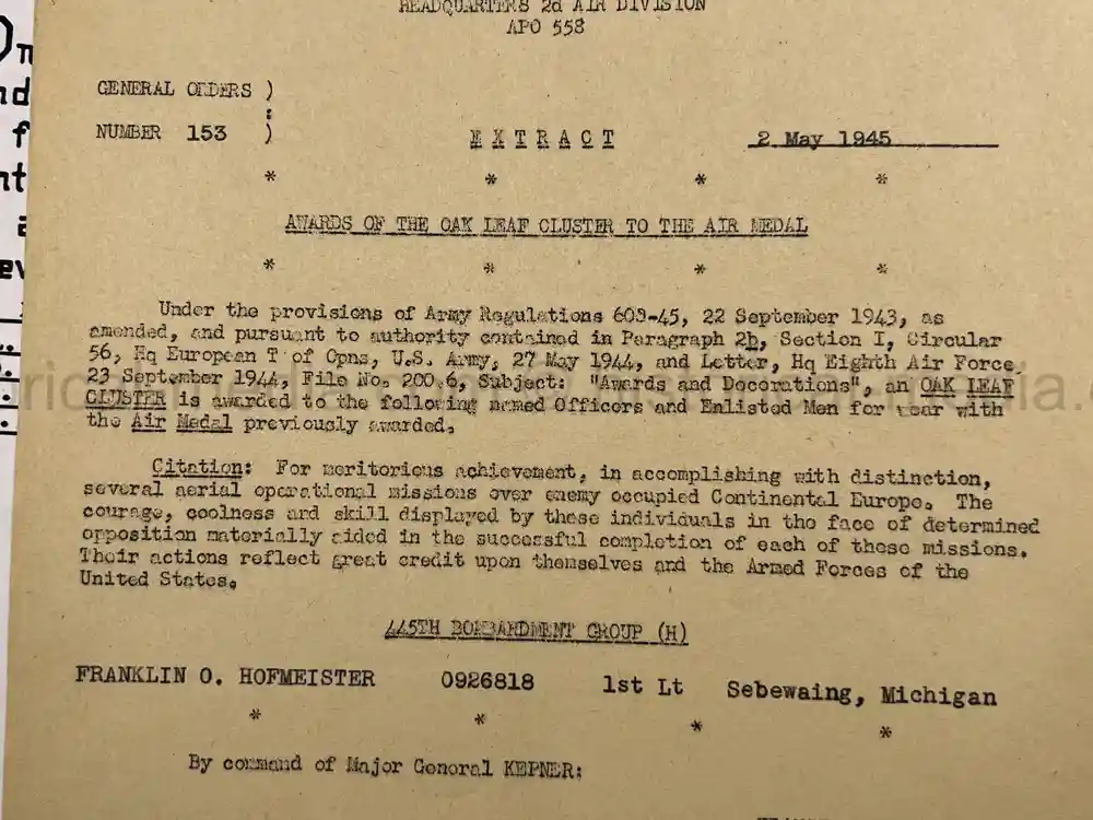 MASSIVE 8th AIR FORCE PILOT DIARY, PHOTO, SCRAPBOOK, DOCUMENT GROUPING - 445th BOMB GROUP