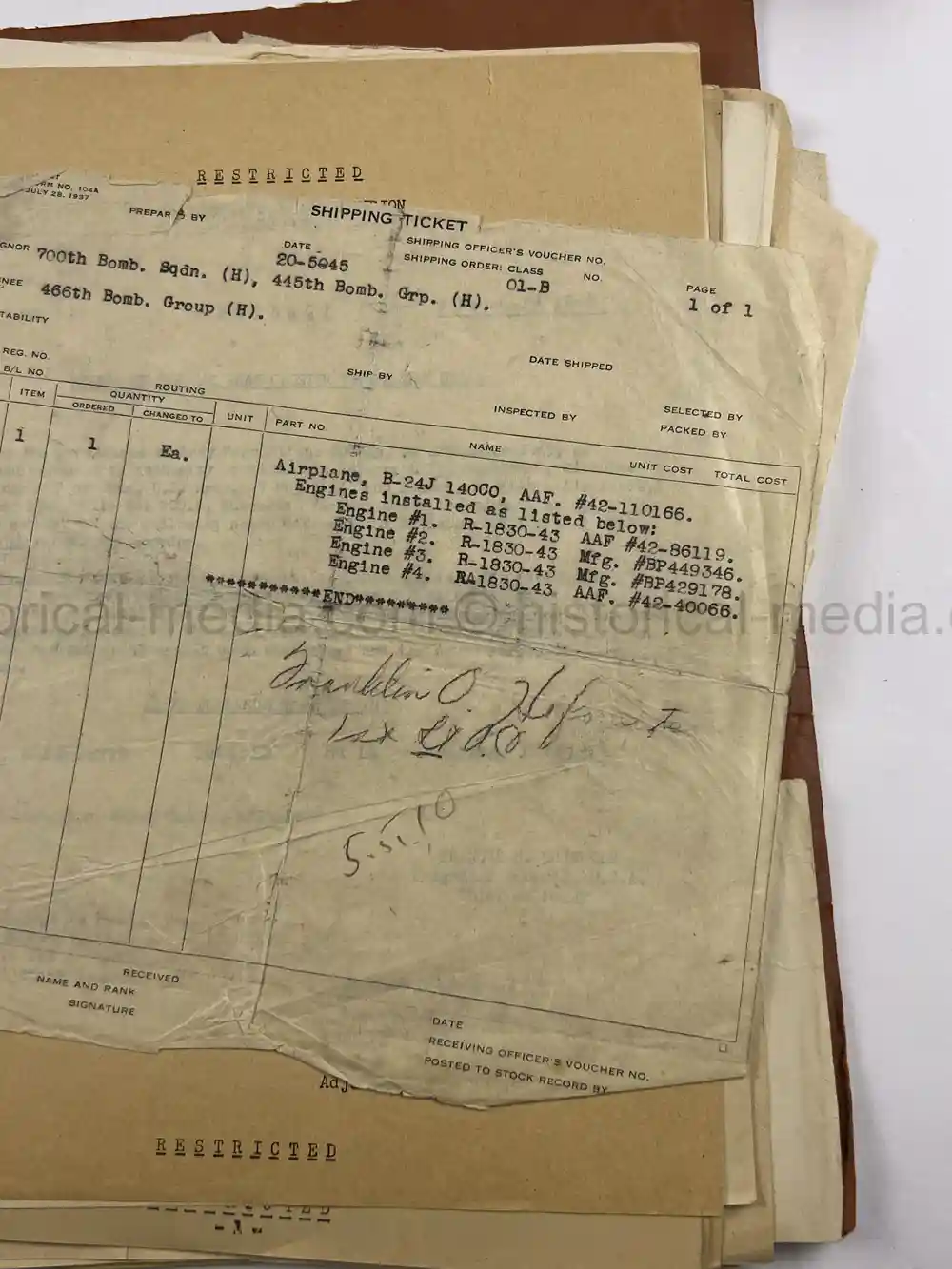 MASSIVE 8th AIR FORCE PILOT DIARY, PHOTO, SCRAPBOOK, DOCUMENT GROUPING - 445th BOMB GROUP