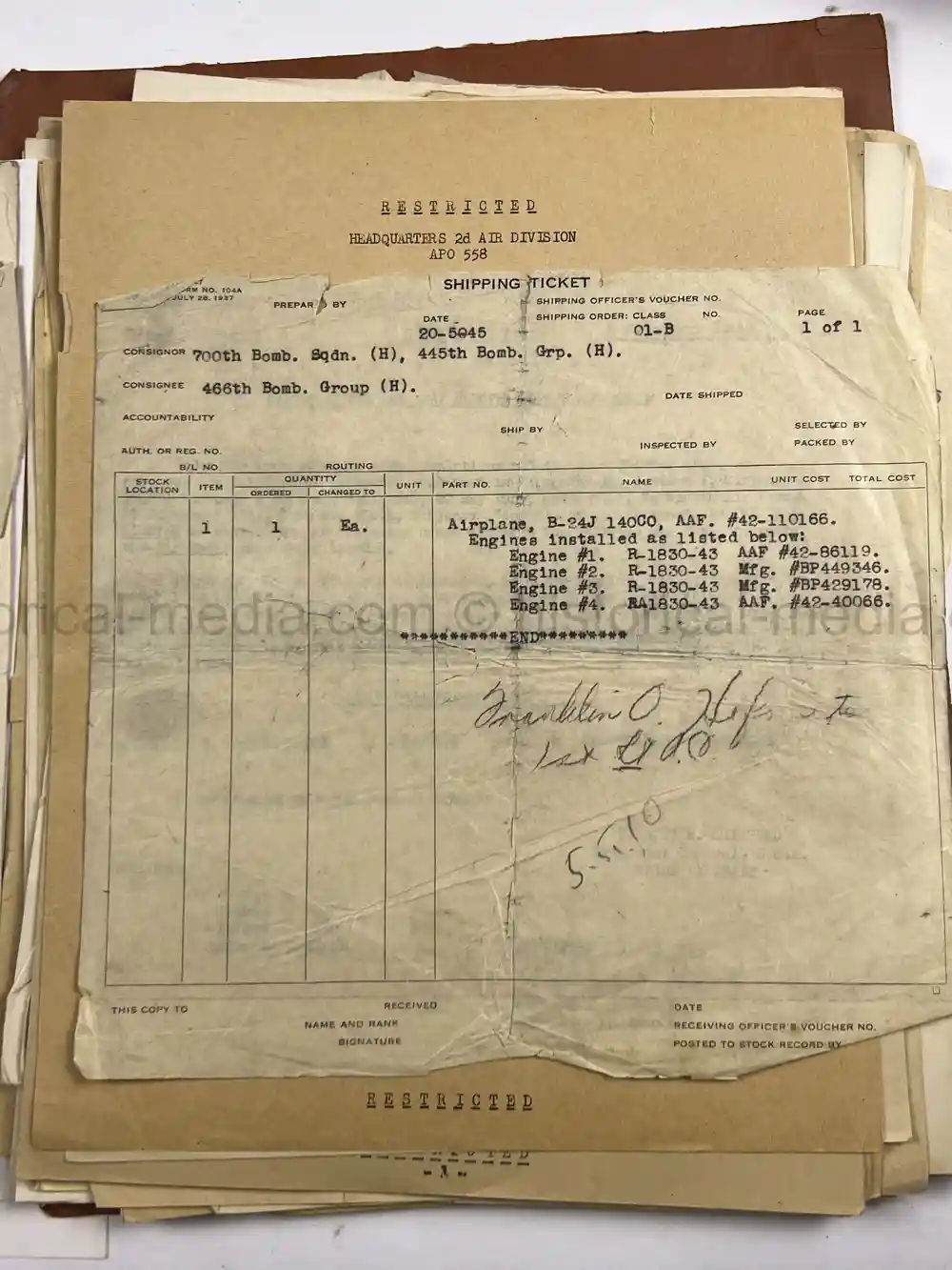 MASSIVE 8th AIR FORCE PILOT DIARY, PHOTO, SCRAPBOOK, DOCUMENT GROUPING - 445th BOMB GROUP