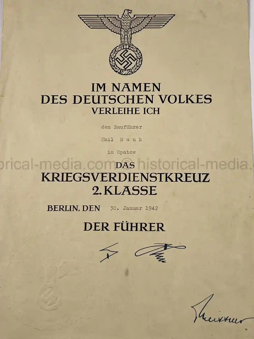 GERMAN WWII AWARD DOCUMENT GROUPING - WEST WALL MEDAL & KVK2 - OPATOW, POLAND
