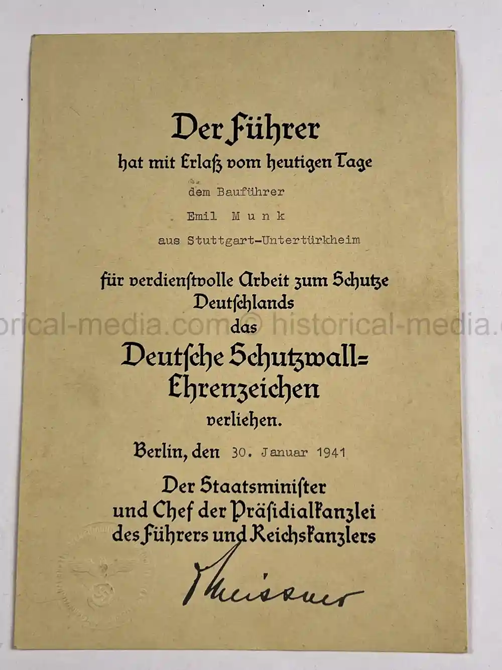 GERMAN WWII AWARD DOCUMENT GROUPING - WEST WALL MEDAL & KVK2 - OPATOW, POLAND