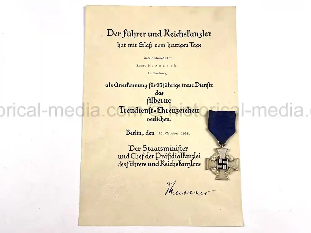 GERMAN WWII 25-YEAR LONG SERVICE MEDAL AND AWARD DOCUMENT