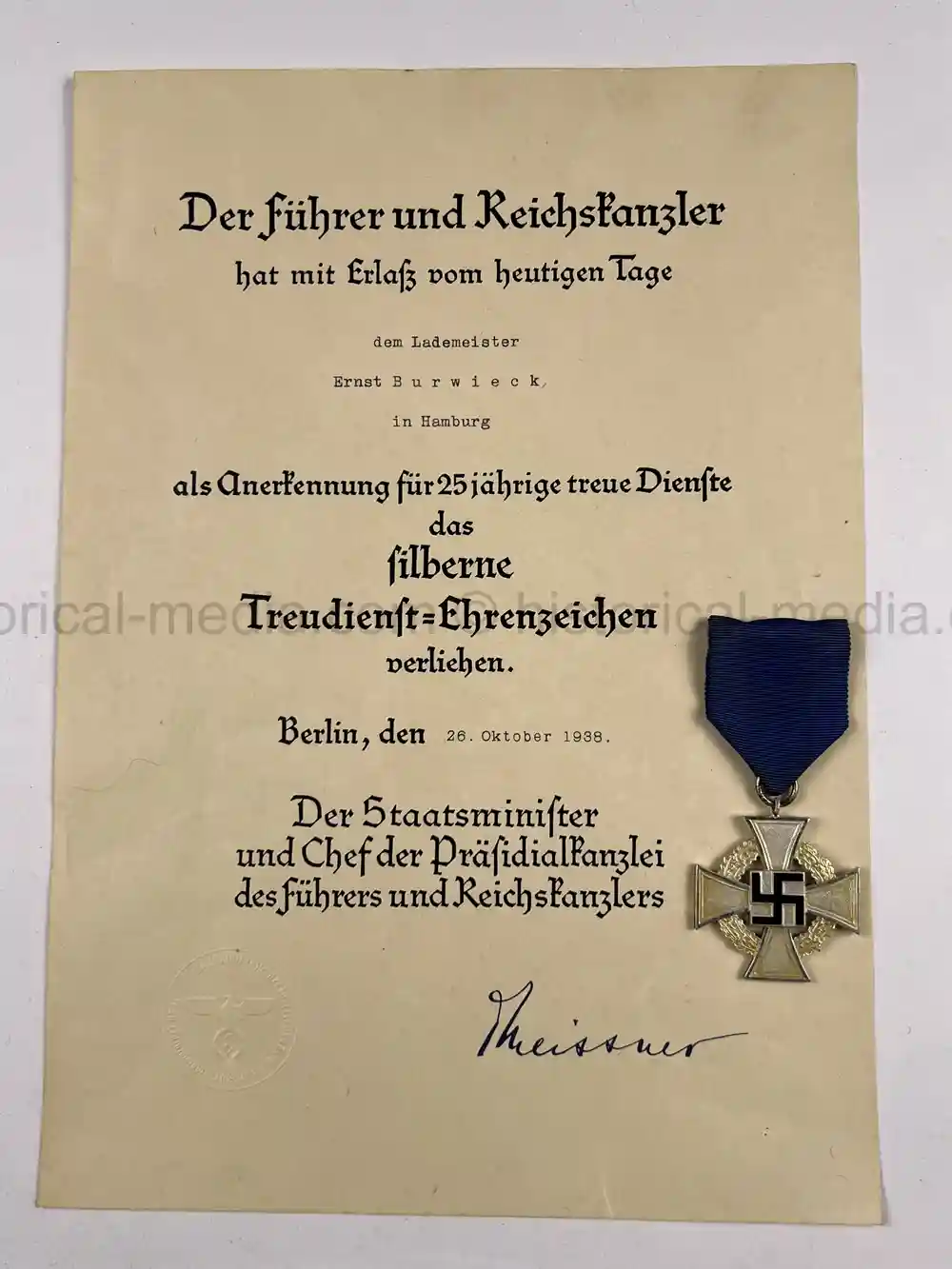 GERMAN WWII 25-YEAR LONG SERVICE MEDAL AND AWARD DOCUMENT