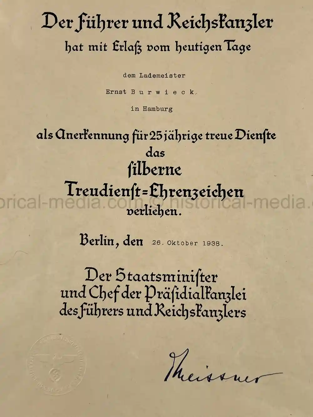 GERMAN WWII 25-YEAR LONG SERVICE MEDAL AND AWARD DOCUMENT