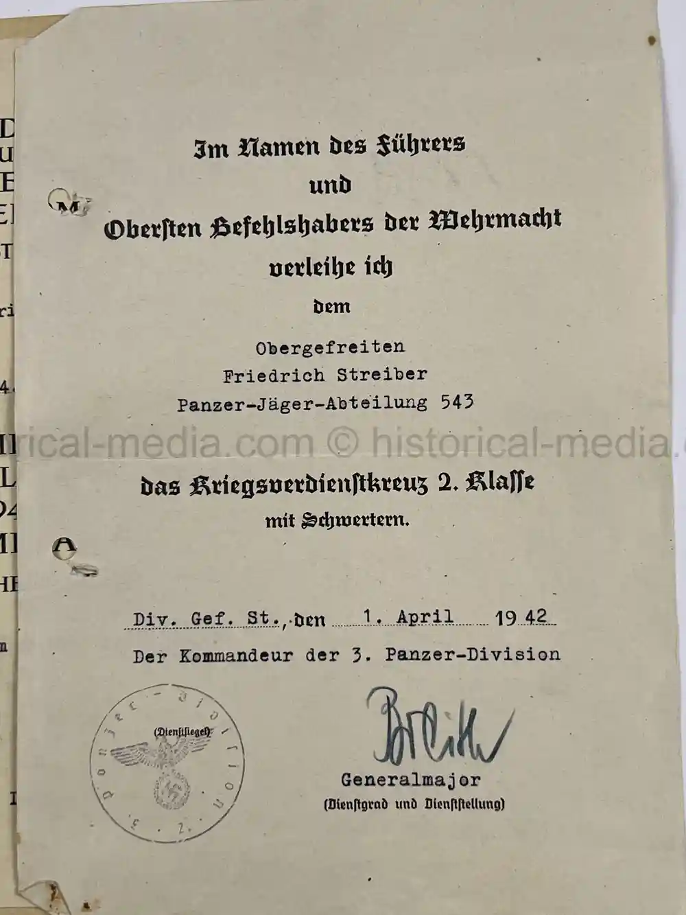 WWII GERMAN AWARD DOCUMENT GROUPING - 3. PANZER DIVISION