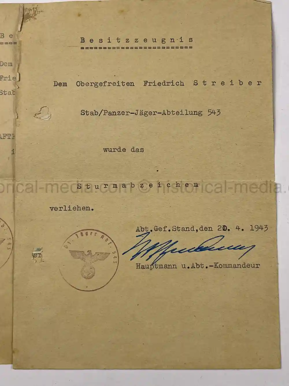 WWII GERMAN AWARD DOCUMENT GROUPING - 3. PANZER DIVISION
