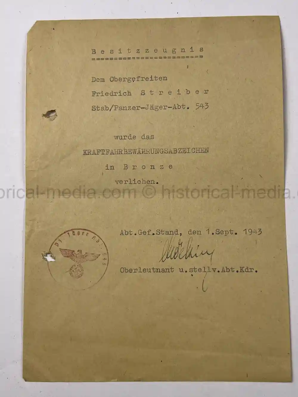 WWII GERMAN AWARD DOCUMENT GROUPING - 3. PANZER DIVISION