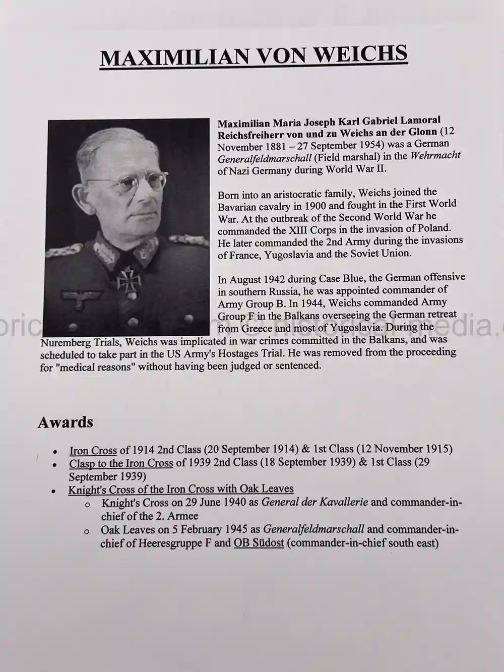 ORIGINAL SIGNATURE GENERAL MAXIMILIAN VON WEICHS - NÜRNBERG TRIAL