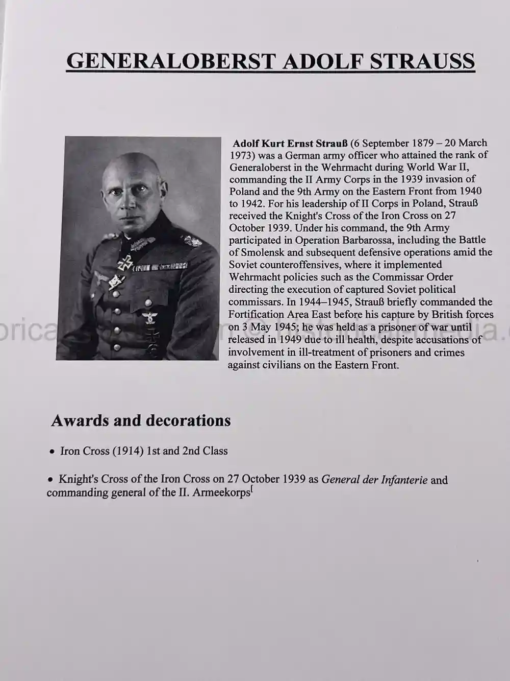 ORIGINAL SIGNATURE GGENERALOBERST ADOLF STRAUSS - BRITISH POW