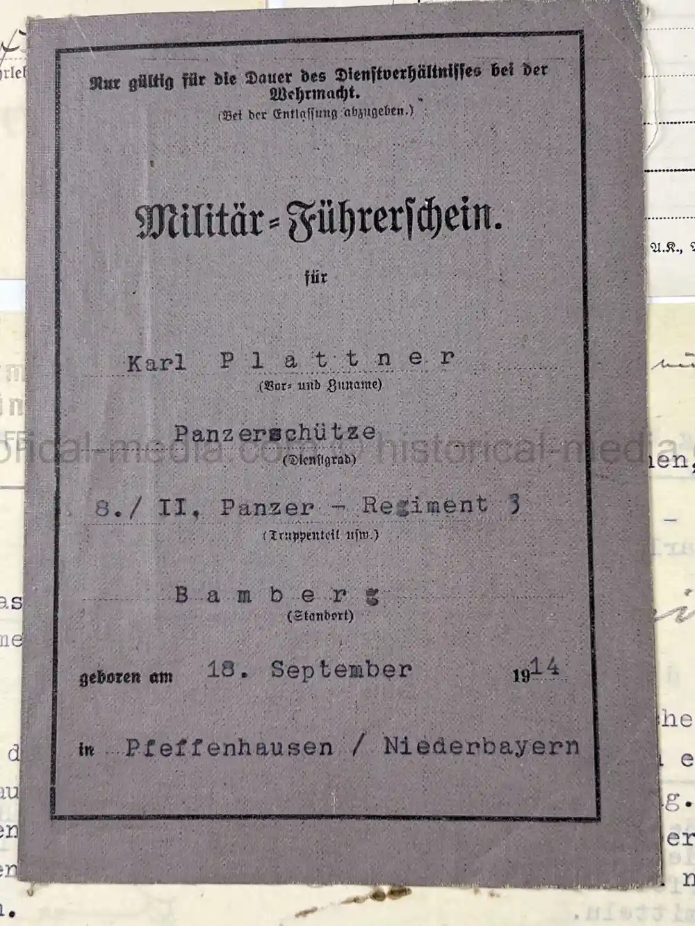 PANZER WEHRSTAMMBUCH & DOCUMENT GROUPING - PANZER REGIMENT 3