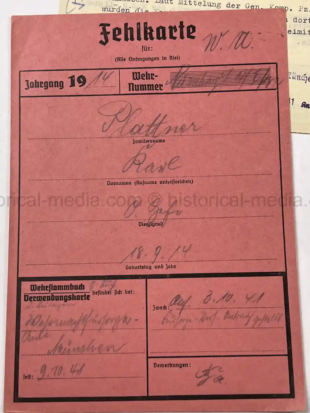 PANZER WEHRSTAMMBUCH & DOCUMENT GROUPING - PANZER REGIMENT 3
