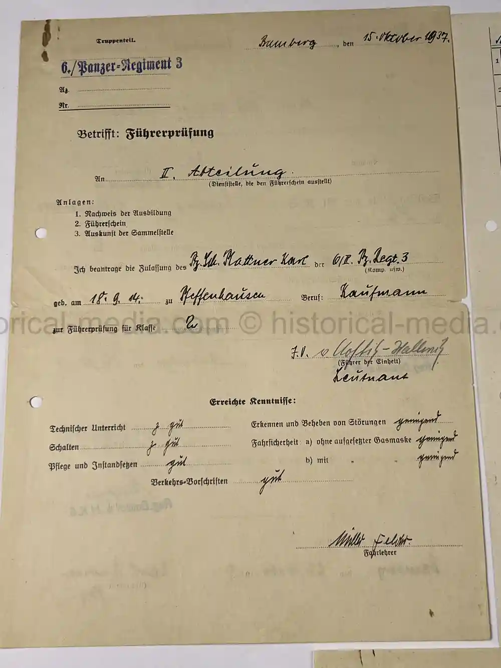 PANZER WEHRSTAMMBUCH & DOCUMENT GROUPING - PANZER REGIMENT 3