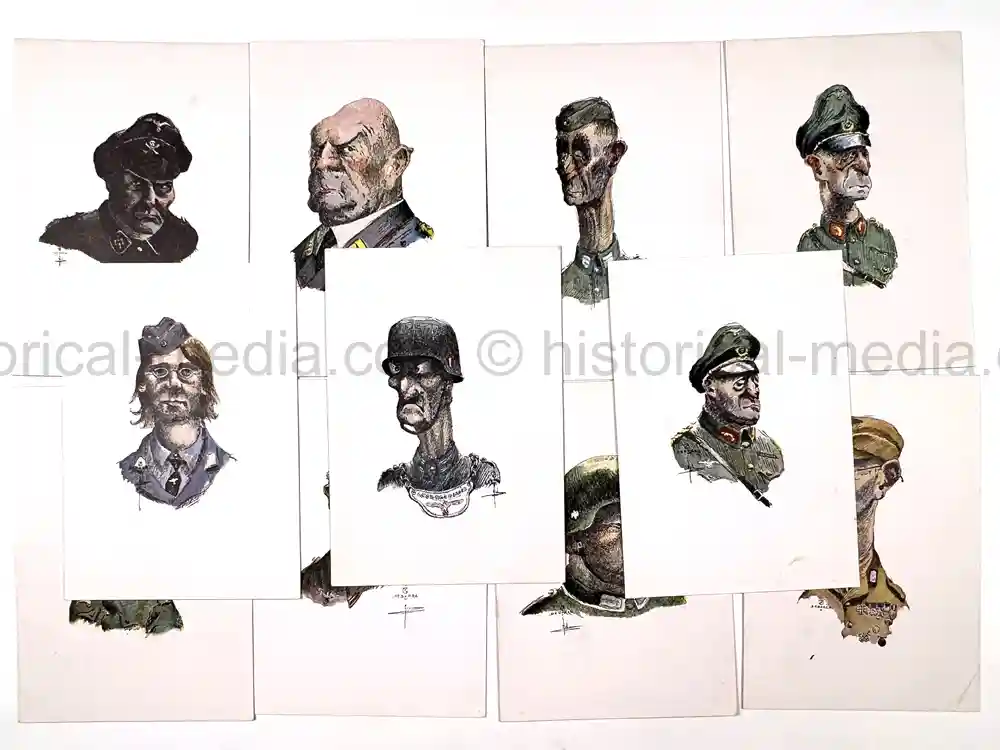 SET OF 11 VINTAGE RARE WWII GERMAN CARICATURES BY DEBARRE 1944