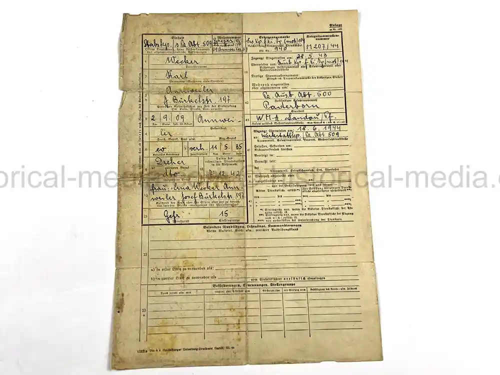 PANZER VI TIGER DOCUMENT - SCHWERE PANZER ABTEILUNG 509