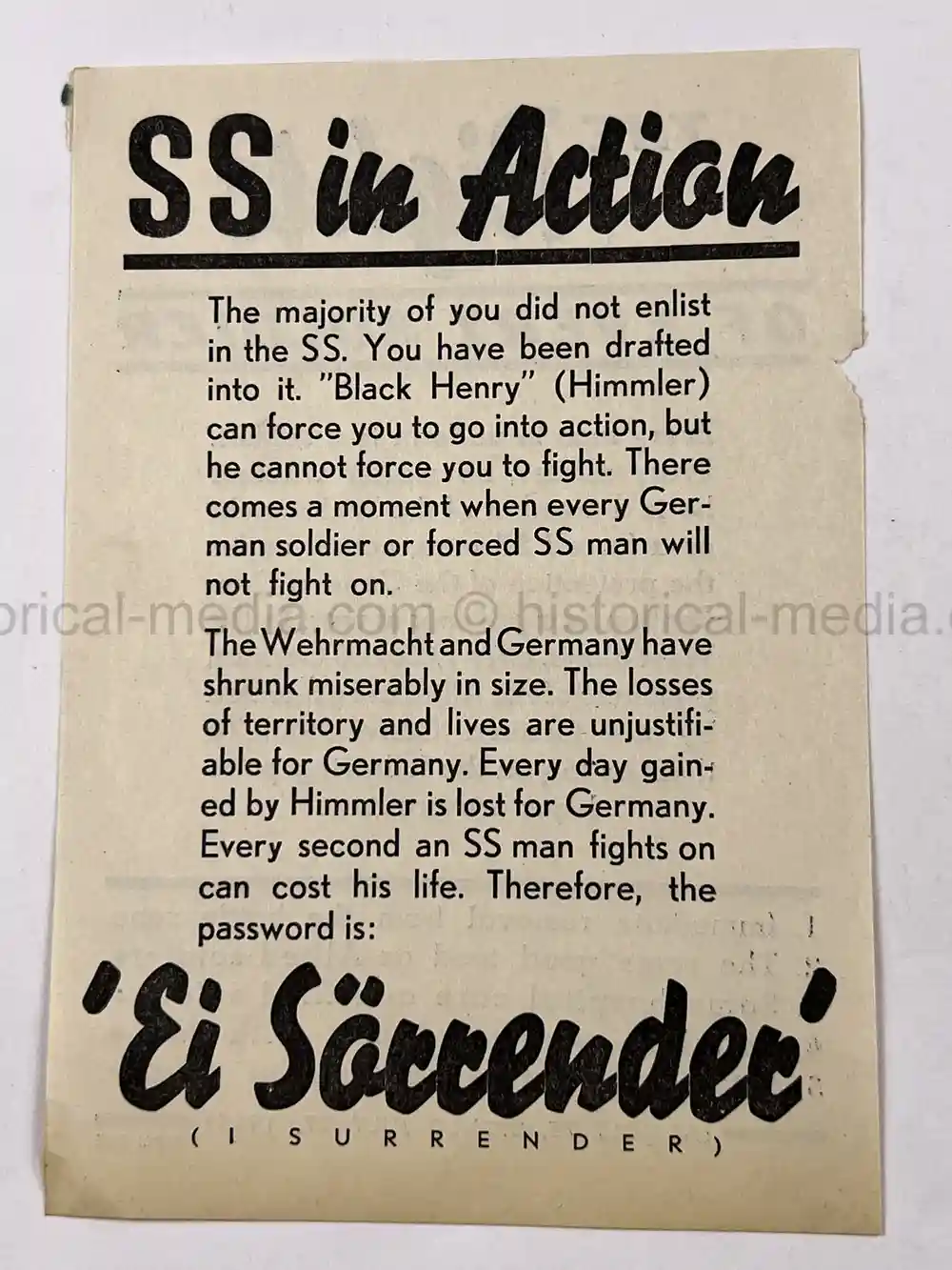 ULTRA RARE WAFFEN SS-THEMED ALLIED PROPAGANDA LEAFLET