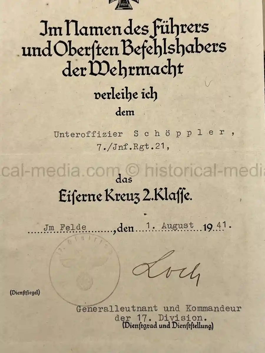 GERMAN WWII AWARD DOCUMENT GROUPING - 17 INF. DIVISION GERMAN WWII AWARD DOCUMENT GROUPING - 17 INF. DIVISION