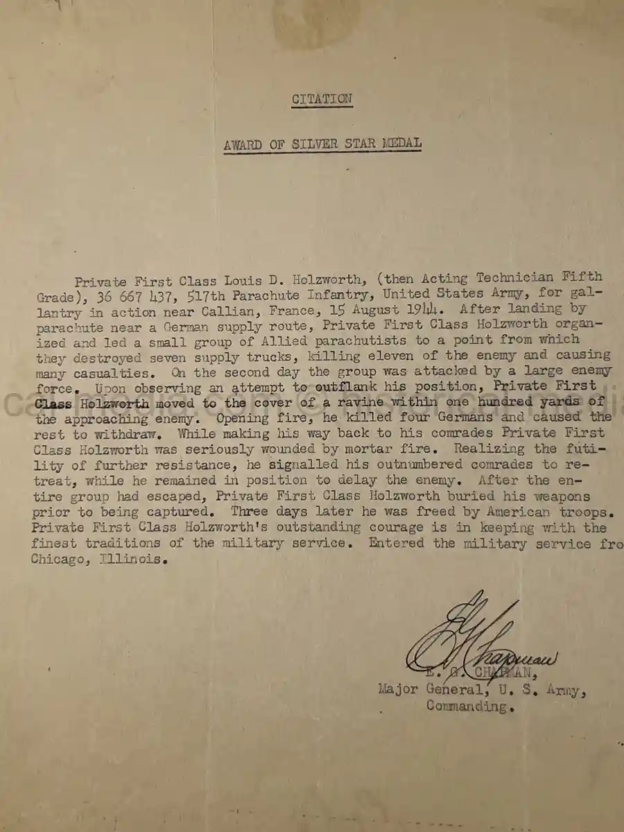 US WWII SILVER STAR MEDAL & CITATION GROUPING - 517th PARACHUTE INFANTRY REGIMENT - OPERATION DRAGOON - POW US WWII SILVER STAR MEDAL & CITATION GROUPING - 517th PARACHUTE INFANTRY REGIMENT - OPERATION DRAGOON - POW