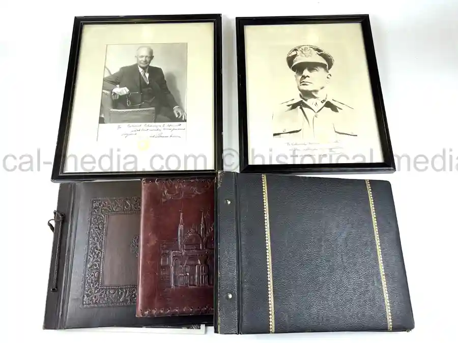  WWII PHOTO ALBUM GROUPING WITH SIGNED MACARTHUR & EISENHOWER FRAMED PHOTOS - 88th BLUE DEVILS